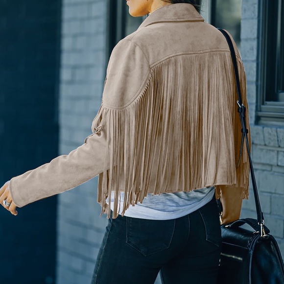 Tan Fringed Faux Suede Light Weight Jacket - Picture 4 of 4